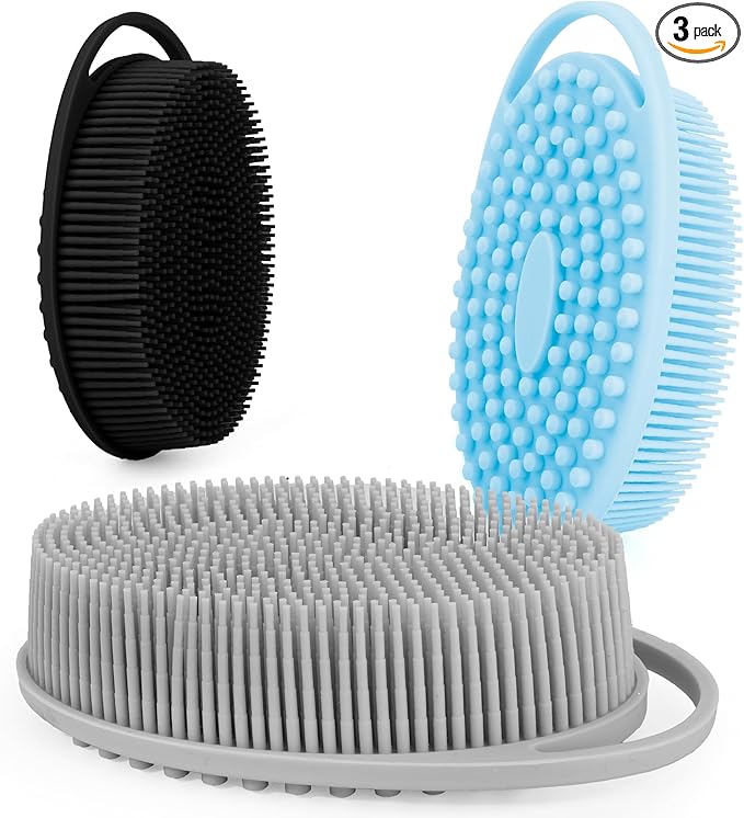 Soft Silicone Body Scrubber 3 PCS Silicone Body Shower, Silicone Loofah 2 in 4 Bath and Shampoo Brush, Body Scrubber Shower Cleaning Exfoliating Use,Lather Well, Black,Blue,Grey