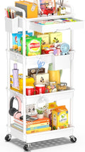 SUNALLY 4 Tier Rolling Utility Cart with Drawer, Storage Organizer Cart with 2 Lockable Wheels, Multifunctional Rolling Storage Cart for Bathroom, Kitchen, Craft, Makeup, Baby Essentials, White