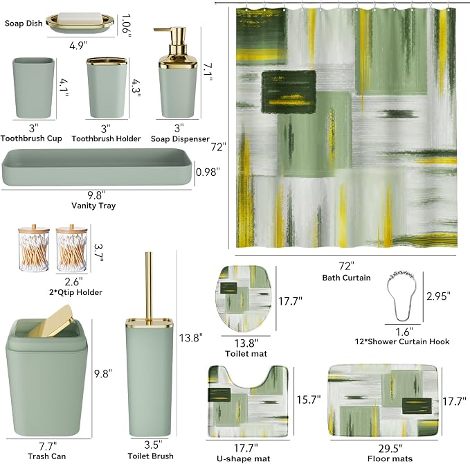 XLHOMO Bathroom Set - Sage Green Bathroom Accessories Set, Bathroom Sets with Shower Curtain and Rugs, Sage Green Shower Curtain Set with Bathroom Trash Can, Soap Dispenser, Soap Dish for Home Decor