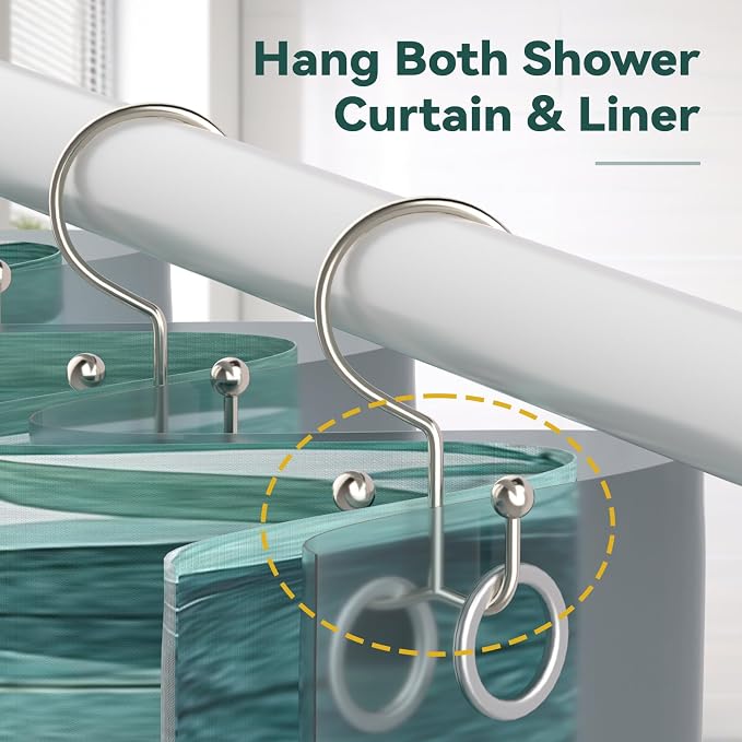 24 Pcs Shower Curtain Hooks, Goowin Shower Curtain Rings, Durable Shower Curtain Rings Rust Proof, Double Glide Shower Rings for Curtain, Simple Shower Hooks for Shower Curtain & Liner, Brush Nickel