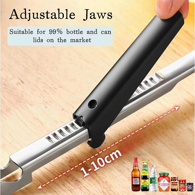 Stainless Steel Jar Opener with Ergonomic Long Handle, Adjustable Bottle and Lid Opener for Seniors, Weak Hands, Arthritis