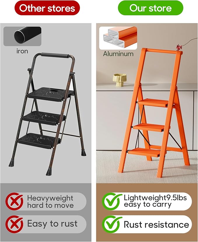 HillhutApex 3 Step Foldable Aluminum Step Ladder with Handgrip, Anti-Slip Pedal, 330 lbs Capacity, Lightweight & Portable for Home, Kitchen, Office, Garage (Orange)