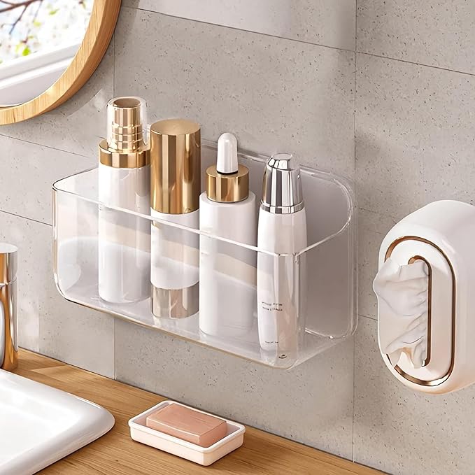 Diesisa Acrylic Wall Mount Organizer - 5.1" D x 10.9" W x 6" H, Large Size Adhesive Wall Self - Shower Caddies Organizer - Bathroom Shelves with Self Adhesive Tape for Bathroom, Kitchen - Large Size