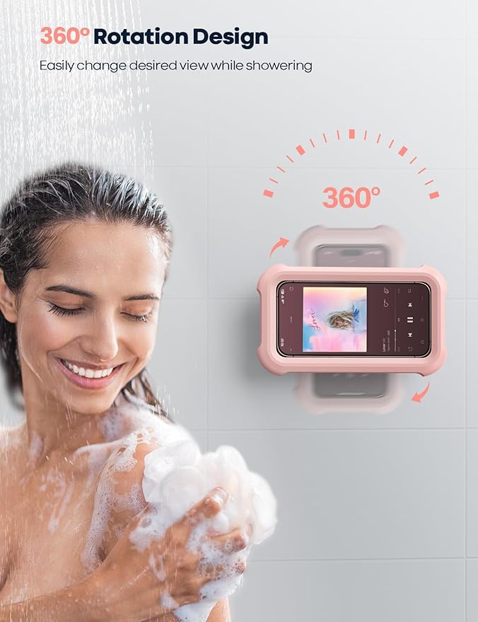 Lamicall Waterproof Shower Phone Holder - Shower Bathroom Bath Cellphone Accessories for Women Girls, Christmas iPhone Accessories Case Wall Mount Stand, Gift Gadget for 4-7" Phones, Pink