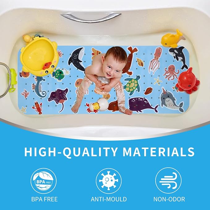 Bath Tub Shower Mat Non Slip Kids Bathtub Mat Anti Slip Baby Bath Mat for Tub 40 x 16 Inch Extra Long Toddler Bath Mat with Suction Cups and Drain Holes for Bathroom Floor,Seahorse Seaturtle