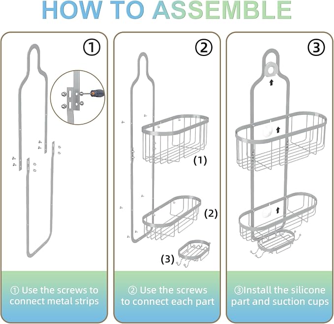 Bathroom Hanging Shower Organizer, Over Head Shower Caddy Shower Storage Rack Basket with Hooks for Razor and Sponge Rustproof, Silver [Patented]