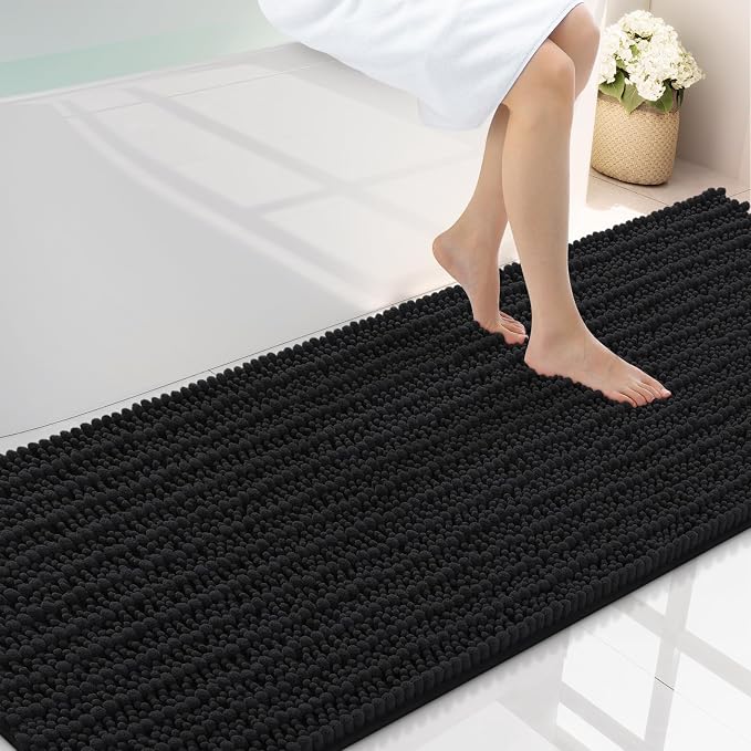 Smiry Bathroom Rugs Mat 70x24, Extra Soft Absorbent Chenille Bath Rugs, Non Slip Rubber Backing Machine Washable Quick Dry Bath Mats for Bathroom Floor, Tub, Shower, Home Decor Accessories, Black