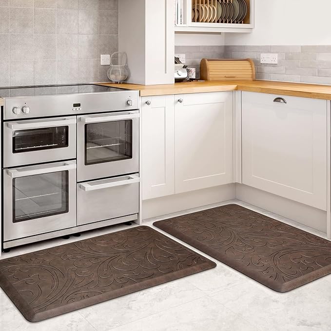 KMAT 2PCS Kitchen Mat Cushioned Anti-Fatigue Floor Mat,Waterproof Non-Slip Standing Mat,Ergonomic Comfort Floor Mat Rug for Home,Office,Sink,Laundry,Desk(17.3"x28"+17.3"x28",Brown)