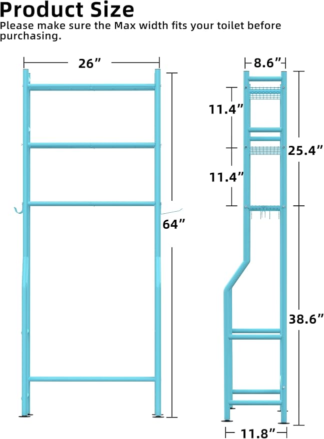 Livilord 3-Tier Over The Toilet Storage, Freestanding Metal Bathroom Shelves with 4 Hooks, Over Toilet Storage Shelf with Paper Holder, Above The Toilet Shelf for Bathroom Storage, Blue