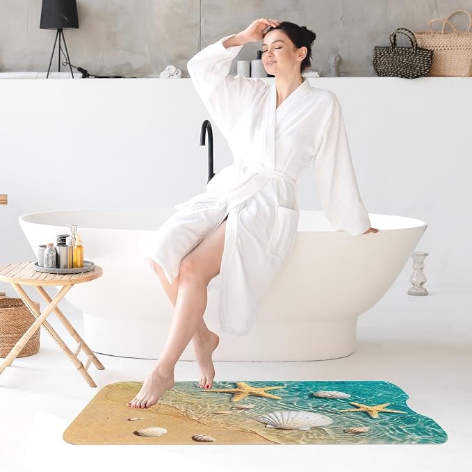 Starfish Seashell Summer Bath Mat Non Slip, Beach Ocean 40 X 16 Inch Extra Long Bathtub Shower Mat for Tub Anti Slip with Suction Cups and Drain Holes for Kids Adults Elderly