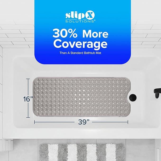 SlipX Solutions Power Grip Extra Long Bath Tub & Shower Mat 39x16, Wet Floor Non-Slip for Elderly & Kids Bathroom, 30% Longer Bathtub Mats, 200 Suction Cups, Drain Holes, Machine Wash, Tan