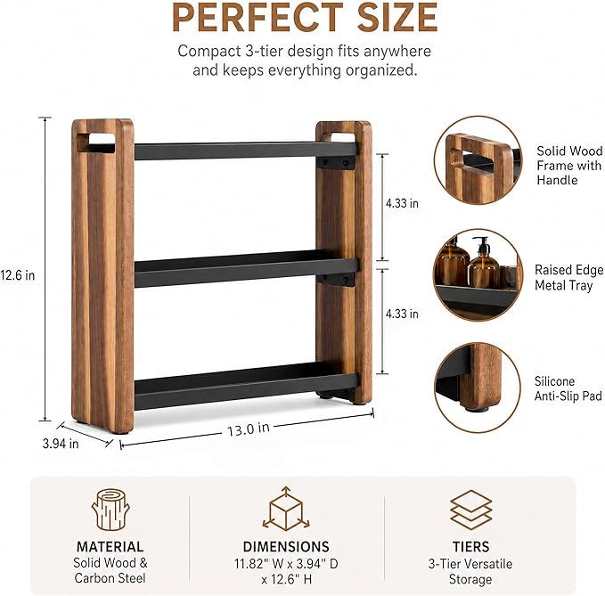 Narrow Solid Wood Bathroom Counter Organizer, Space-Saving Bathroom Storage Rack for Vanity, Multi-Purpose Kitchen Spice Rack & Bedroom Makeup Organizer(Acacia, 3 Tier)