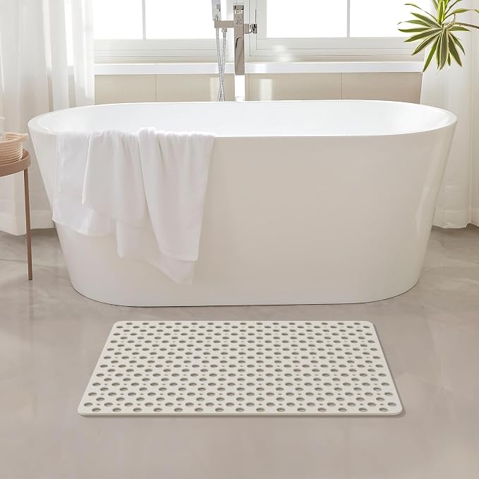 Yolife Large Shower Mat, 35 x 24 inch Non Slip Shower Mats for Inside Shower with Drain Holes and Suction Cups for Bathroom, No Odor TPE Shower Floor Mat, White