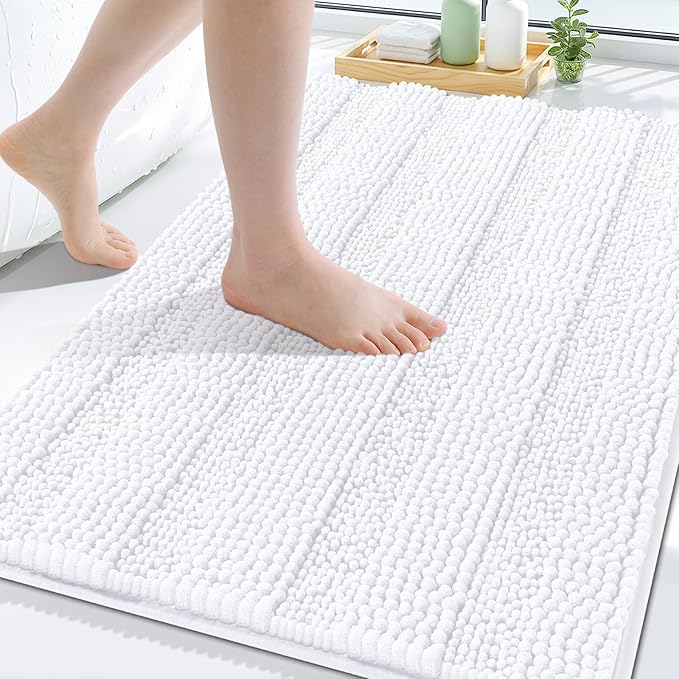 Grandaily Chenille Striped Bathroom Rugs 30x20, Extra Thick and Soft Absorbent Bath Mats, Rubber Backing, Plush Shaggy Shower Carpet, Machine Wash Dry, Bath Rug for Bathroom, Solid White