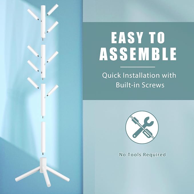 Haddockway Wooden Coat Rack Stand with 8 Hooks New Zealand Pine 3 Adjustable Coat Standing Tree Easy Assembly for Coats, Hats, Scarves and Handbags for Entryway, Hallway, Bedroom, Office, white