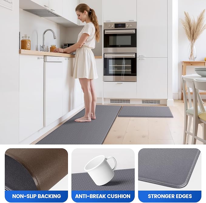 KitchenClouds Kitchen Mats for Floor,3PCS Kitchen Rugs,Non Slip Anti Fatigue for Kitchen Floor,Waterproof Kitchen Sink Mat,Cushioned Standing and Comfort Mats for Office,Grey