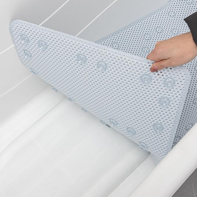 Bathtub Mat Non Slip 36” X 17” Gray Blue Shower Mat Soft Foam Bath Mats for Bathroom Tub, Bathtub Mat with Drain Holes, Suction Cups, Shower Mat Non Slip