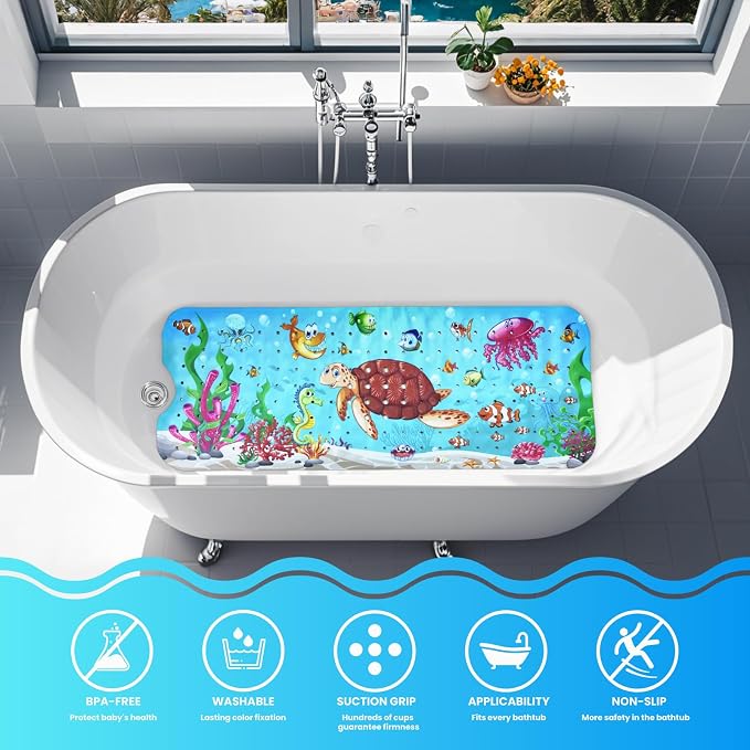 Baby Bath Tub Mat, 40 x 16 Inch Extra Large Non Slip Kids Cartoon Bathtub Shower Mats with Suction Cups & Drain Holes, Machine Washable for Bathroom, Undersea Sea Turtle