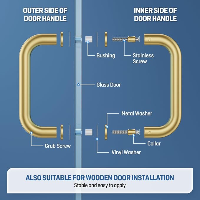 Ranbo Brass Gold 6" （CTC） Tubular Back-to-Back Shower Door Handle，3/4" Diameter Pull Handles with Metal Washers, for 1/4"- 3/4" Thick Glass and 1-3/8" - 2-1/6" Thick Wooden or Metal Doors
