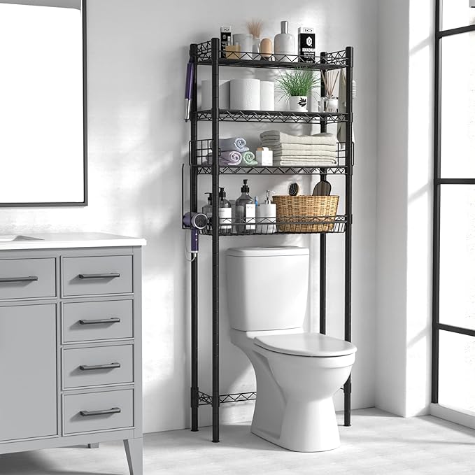 Hodonas Over Toilet Bathroom Organizer, Adjustable 4-Tier Over the Toilet Storage Shelf Sturdy Bathroom Shelves, Freestanding Above Toilet Storage Rack Stable Bathroom Space Saver, Black