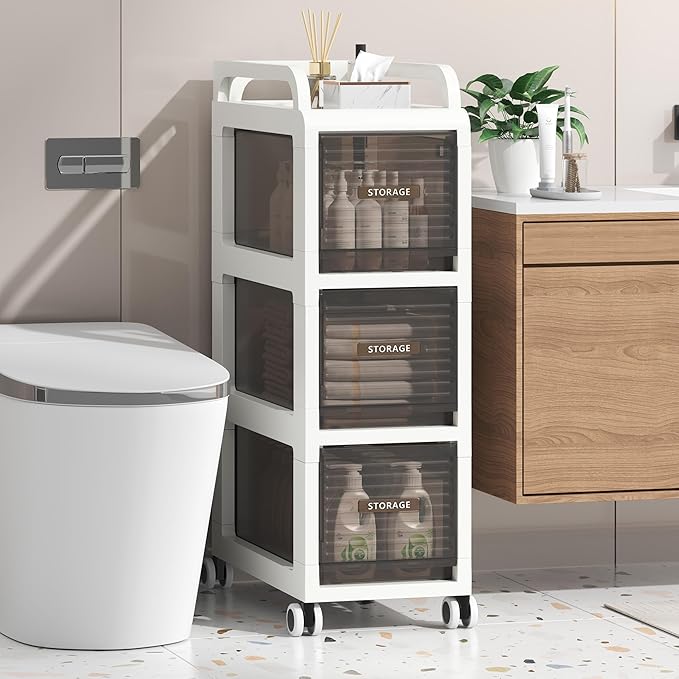 Bathroom Storage with Drawers, 9.8" Wide Wide Slim Storage Cabinet with Wheels for Small Spaces, Narraw Cart for Kitchen Office Bedroom Dinning Room Under Desk, 29.7" Tall