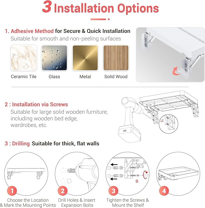 KIWIFOTOS 12.9" Floating Bedside Shelf for Bed Foldable Wall Mounted Shelf Adhesive Tablet Phone Storage Organiser for Bedroom Nursery Dorm Living Room