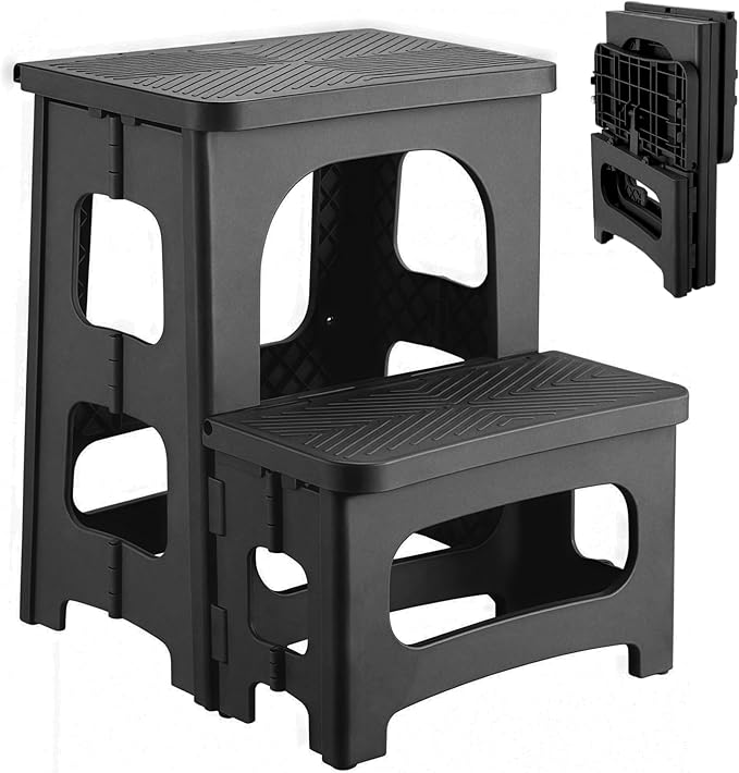 2 Step Stool Foldable, Non-Slip Steps, Folding Step Stool for Adults & Kids, Plastic Stool Pool Ladder, Collapsible Stools 2 Step Ladder for Kitchen Toilet Bedroom Office RV, Holds 330 lbs, Black