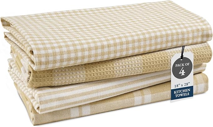 LANE LINEN Cotton Kitchen Towels Set, 4-Pack – Absorbent, Quick-Drying, Premium Dish Towels, Tea Towels, 18" x 28" - Beige