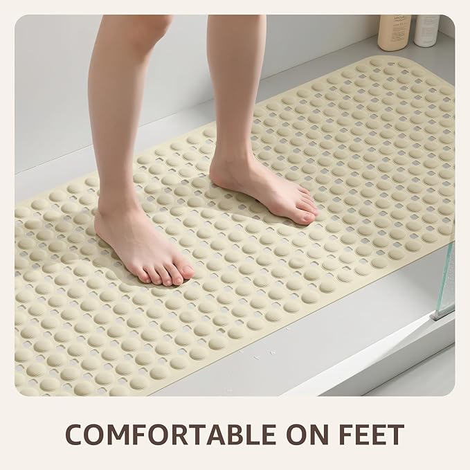 OTHWAY Bath Tub Shower Mat Non Slip, Bathtub Floor Liner Mats for Inside Shower Bathroom, Suction Cups and Drain Holes for Feet Scrubbing, Machine Washable, Soft on Feet, 35x16 Inch, Beige