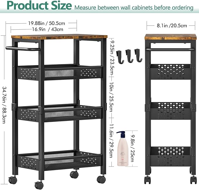 Vivihomety Utility Slim Storage Cart with Wheels, 4-Tier Narrow Rolling Organizer Shelf with Wood Top, Metal Storage Rack and Space-Saving Organizer for Bathroom, Kitchen, Laundry Room, Small Spaces