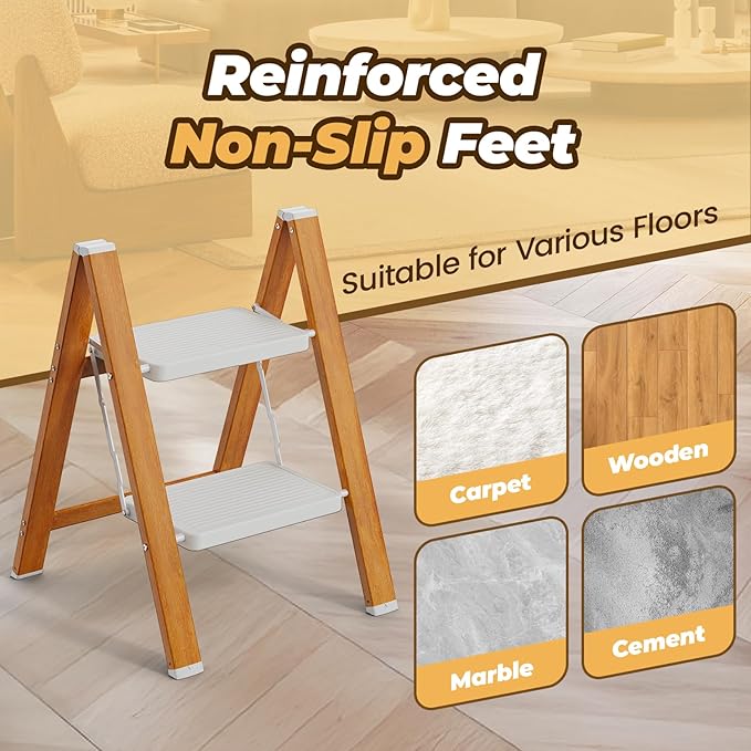 HBTower Step Ladder, Aluminum Foldable Step Stool with Anti-Slip Wide Pedal, Lightweight Step Ladder for Home Kitchen Office - WhiteWoodgrain