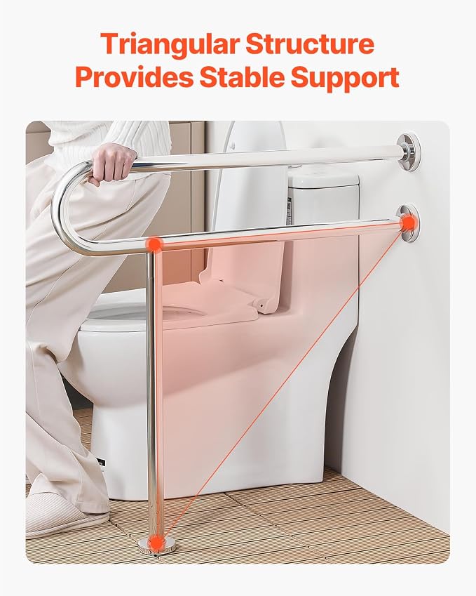VEVOR Toilet Safety Rail, 31.5 Inch U-Shaped Handicap Grab Bar, 304 Stainless Steel Senior Safety Pole, Toilet Grab Bars with Anti-Slip Handle, 300 Lbs Load Capacity Security Handrail with Support Leg