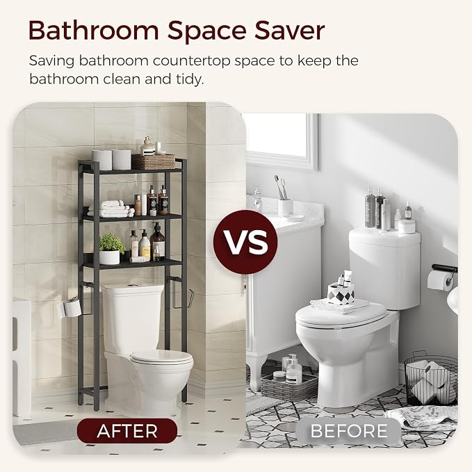 MAHANCRIS Over The Toilet Storage Rack, 3 Tier Bathroom Organizer Over Toilet, Freestanding Space Saver Toilet Stand with 2 Hooks, Bathroom Storage Shelf, Easy to Assemble, Black TSBK6001