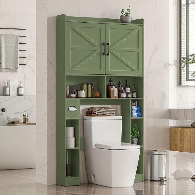 Vabches Over The Toilet Storage Cabinet, Farmhouse Toilet Cabinet Rack with Barn Doors, Space Saving Bathroom Organizer with Shelves, Toilet Paper Holder and Towel Rack for Bathroom,Laundry, Green