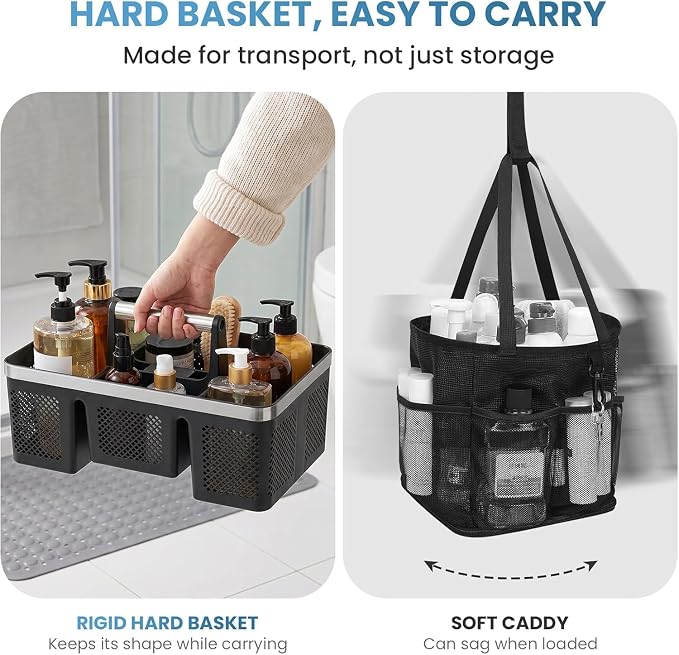 BYUNER Plastic Shower Caddy Dorm: Portable Cleaning & Shower Caddy with Handle, 4 Divided Compartments, All-Side Drainage, Rigid Plastic Basket Tote for College Dorm & Bathroom Use, Black/Silver