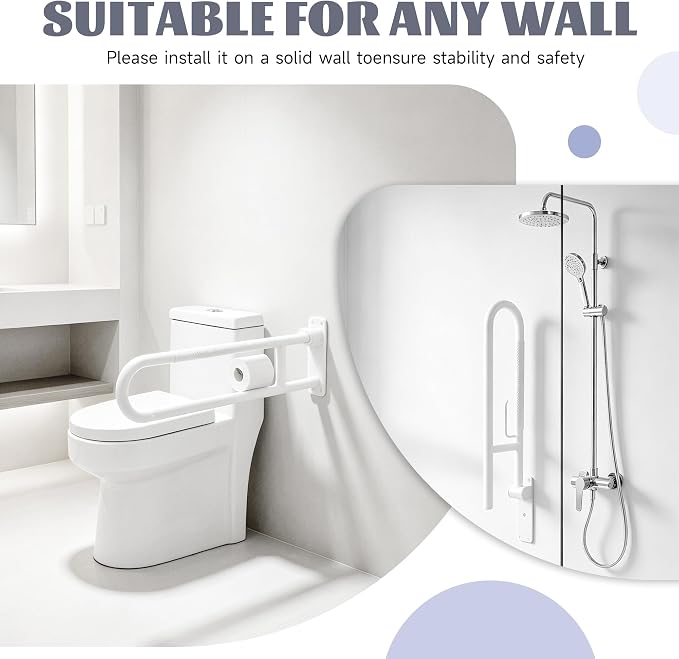 30.3 Inch Toilet Grab Bar, HUAS White Anti Slip Bathroom Toilet Safety Rails, U Shaped Flip-Up Handicap Grab Bars w/Paper Holder, Stainless Steel Support Handrail for Elderly Disabled Senior