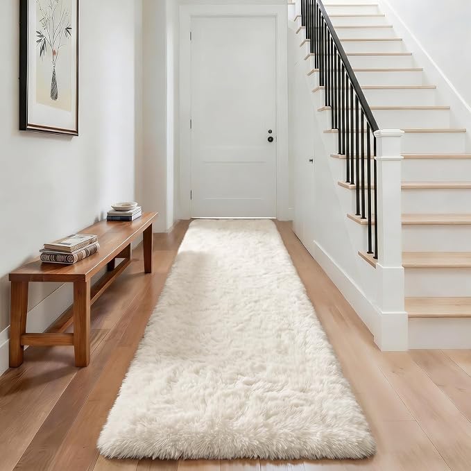 Ophanie Runner Rug for Hallway, 3x8 Washable Non-Slip Fluffy Soft Bedside Rugs, Bedroom Living Room Shaggy Carpet for Kids Girls Boys Dorm Nursery Home Decor Aesthetic, Ivory