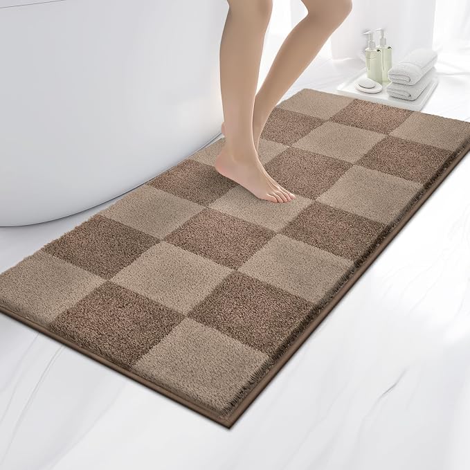 anllugs Bathroom Rugs 24" x 60", Non-Slip Extra Soft Absorbent Bath Rugs, Machine Washable Quick Dry Bath Mats for Bathroom Floor, Shower, Bathtub and Sink, Checkered Grayish Brown & Coffee