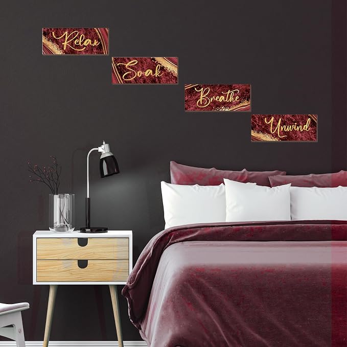 ONIZHITY 4 Pcs Red and Gold Bathroom Decor Red Gold Wall Decor Relax Soak Unwind Breathe Wooden Rustic Red Marble Style Bathroom Accessories for Bedroom Living Room Office Decor (10X4)