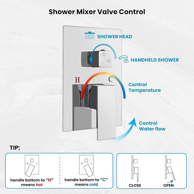 gotonovo Rainfall Bathroom Shower System Rain Shower Head and Handle Set Wall Mounted Shower Complete Combo Solid Brass Pressure Balancing Shower Mixer Valve 12 Inch Polished Chrome