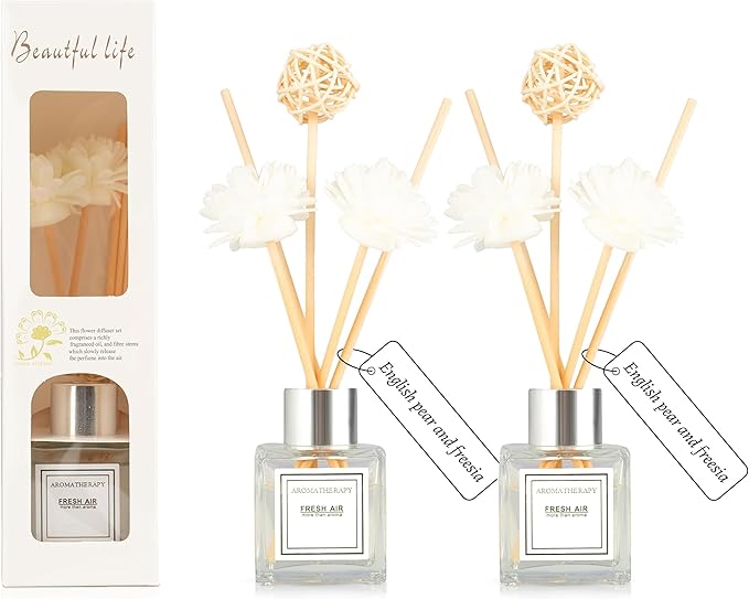 2PCS Reed Diffuser Set, 1.7 fl oz Scent Diffuser with Sticks, Freesia Scent for Bathroom Accessories Shelf Decor, Air Fresheners for Home, Home Fragrance, House Office Room Decor Aesthetic Gift