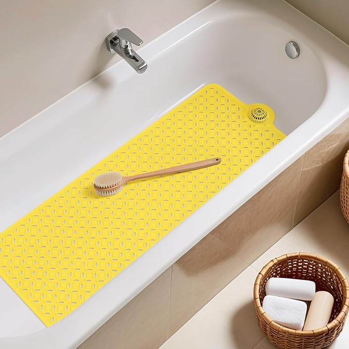 OTHWAY Bath Mat for Tub Non Slip: 39" X 17" Long Bathtub Mat with Hair Catcher│Big Drain Holes Shower Mats for Inside Shower│Machine Washable (Yellow)