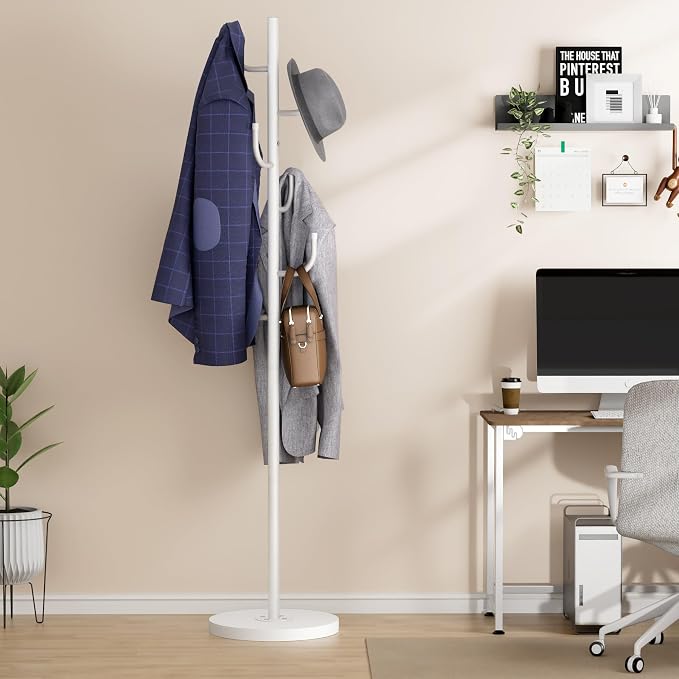 MISSLO Heavy Duty Coat Rack Freestanding 4 Adjustable Size Coat Tree with Stable Wood Base Coat Hanger Stand with 6 Hooks Standing Clothes Tree for Bedroom, White