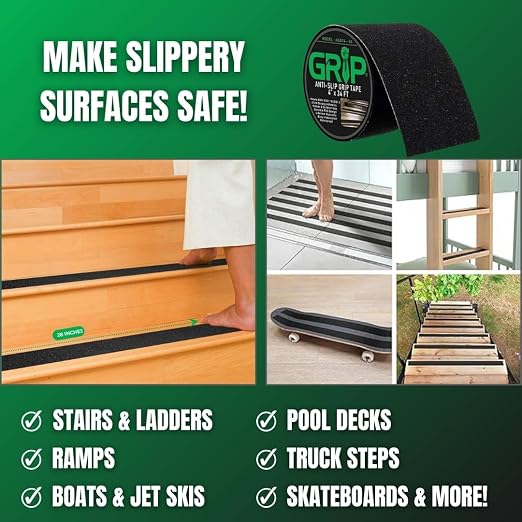 GRIP Anti Slip Tape - 80 Grit High Traction Non-Slip Tape for Stairs, Ramps, Floors, Indoor/Outdoor Use, Easy Cut & Apply, Durable for Heavy Traffic Areas (4" x 34')