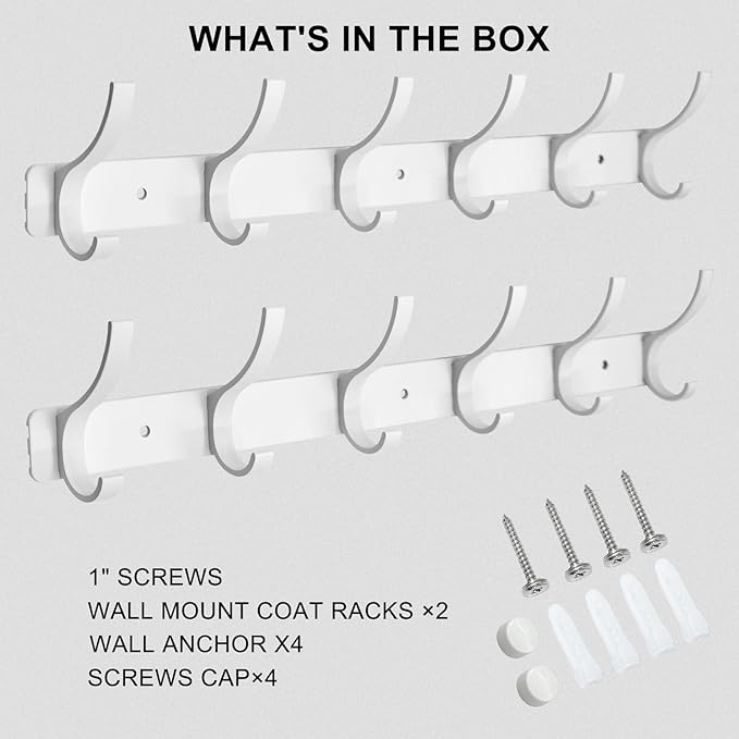 Coat Rack Wall Mounted,6 Coat Hooks for Hanging Coats,Heavy Duty Metal Double Hook Rack Hook Rail,Coat Rack with Hooks,Wall Mount Coat Hanger for Hat Towel Purse Robes (2 Pack White, 6 Hooks)