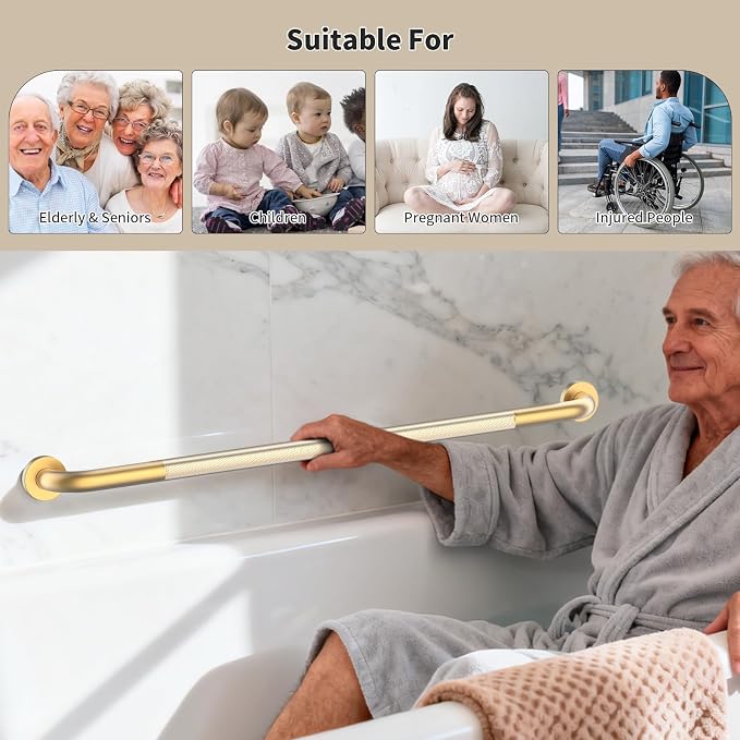 40 Inch Brushed Gold Shower Grab Bar w/Anti-Slip Knurled Grip,YuanDe Stainless Steel Bathroom Grab Bars, Handicap Injury Elderly Senior Assist Support Shower Handle