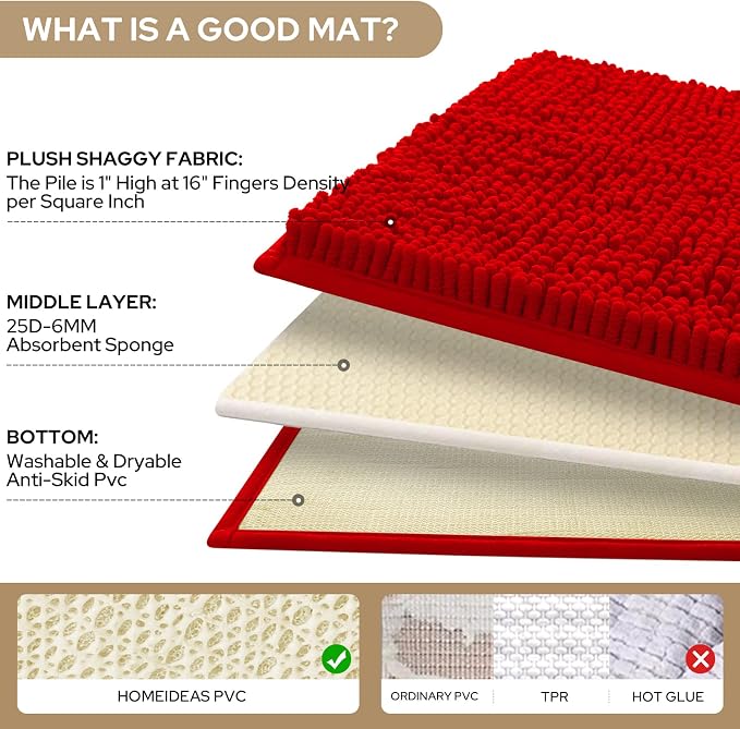 HOMEIDEAS 3 Pieces Bathroom Rugs, Ultra Soft Non Slip Absorbent Chenille Toilet Bath Mat Set (Red)