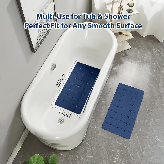 Webos Silicone Bath Mat with Suction Cups – Non-Slip Foldable Bathtub & Shower Mat, Durable & Quick-Dry Safety Tub Mat with Large Drain Holes for Families 28"x 14" Navy Blue