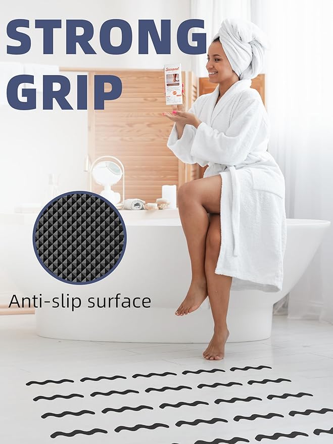 Secopad Patented Anti Slip Shower Stickers, 24PCS Adhesive Decals Safety Strips with Scraper for Bath Tub, Shower Floor, Stairs, Black, 0.8"*8"