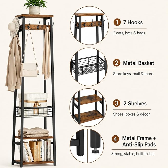 Coat Rack Freestanding, Coat Stand with Metal Basket and Storage Shelves, Hall Tree Free Standing with and 7 Hooks, Clothes Rack Stand Organizer, Rustic Brown and Black